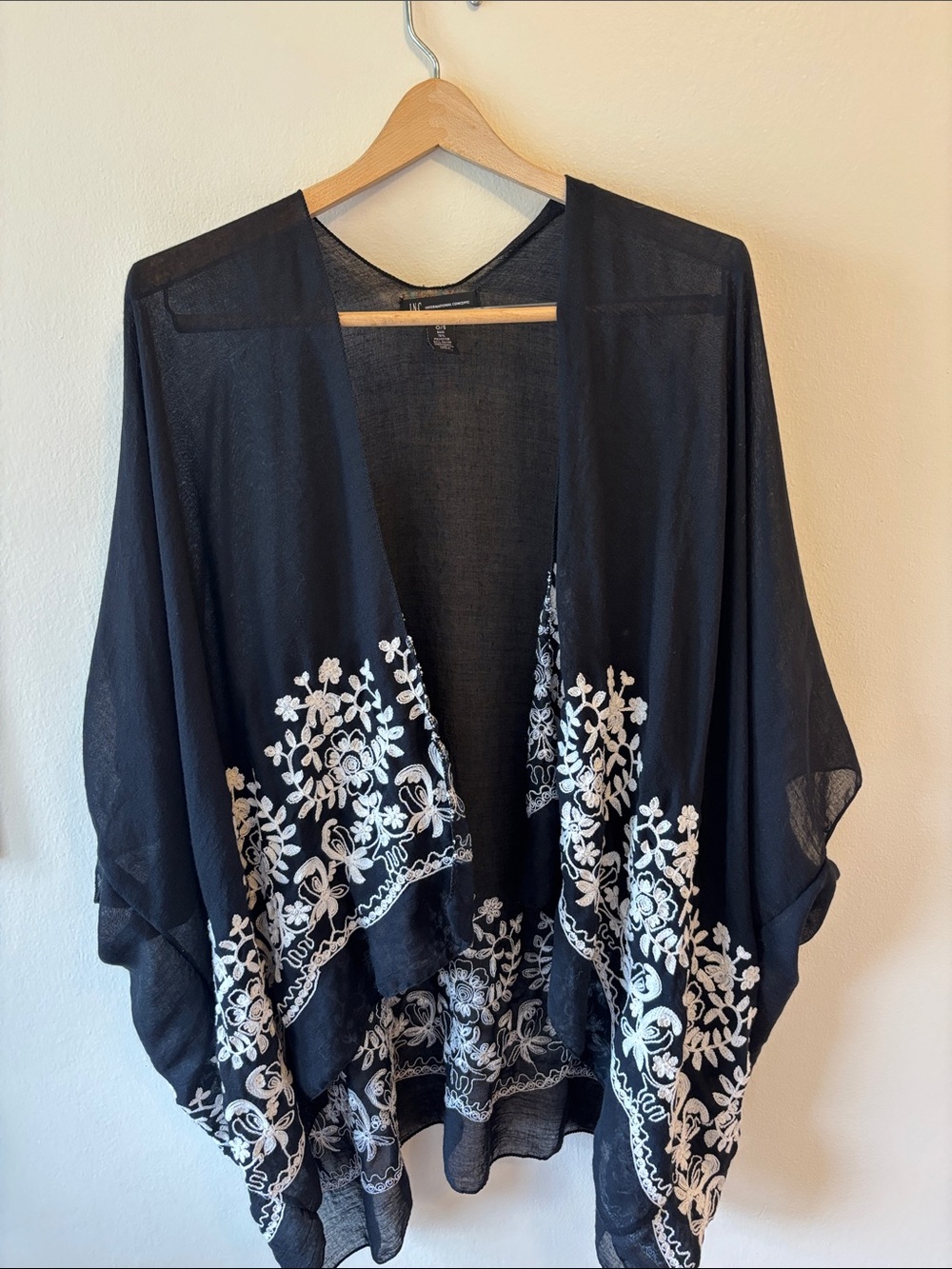 INC Black Sheer Kimono style with White Floral Embroidery